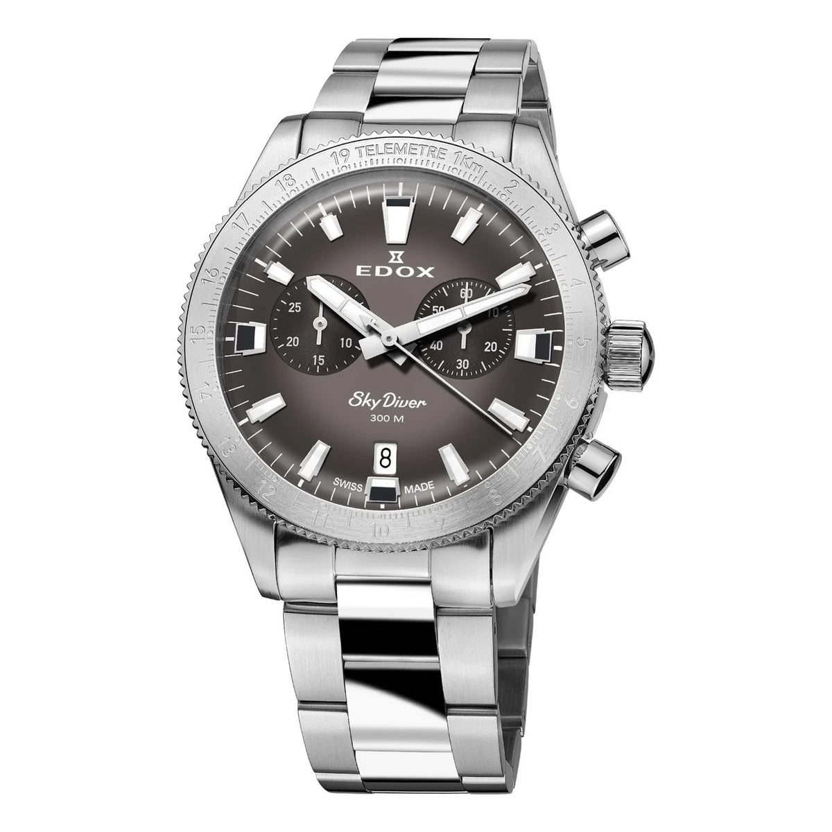 Edox Men's Skydiver Gray Dial SS Bracelet Quartz Watch 10116-3-GRIDN