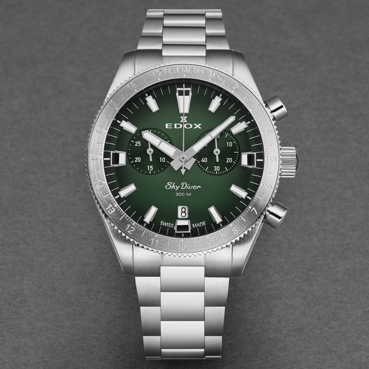 Edox Men's 'Skydiver' Green Dial SS Bracelet Quartz Watch 10116-3-VIDN