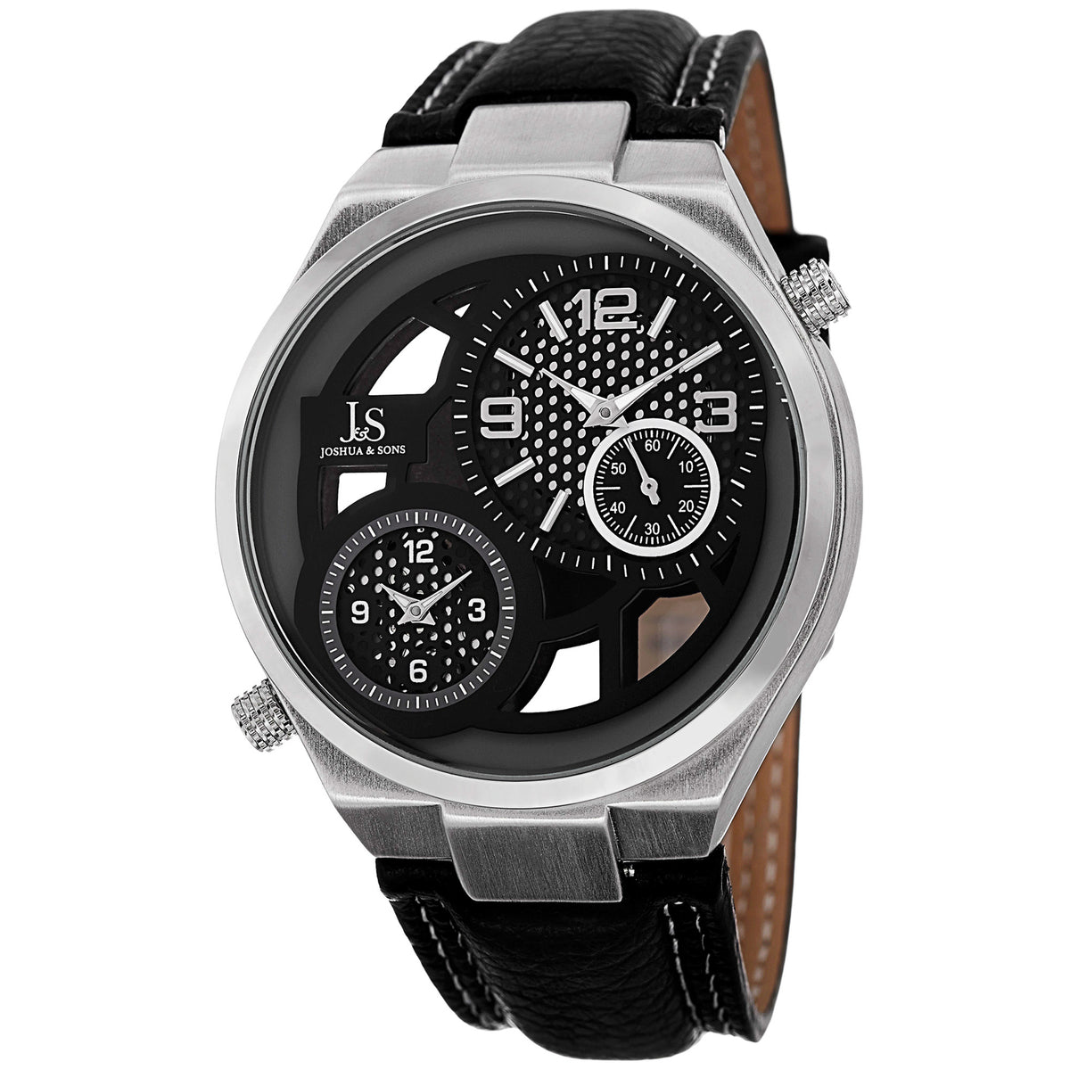 Joshua & Sons JS83SS Swiss Dual Time Skeletal Dial Black Leather Men's Watch