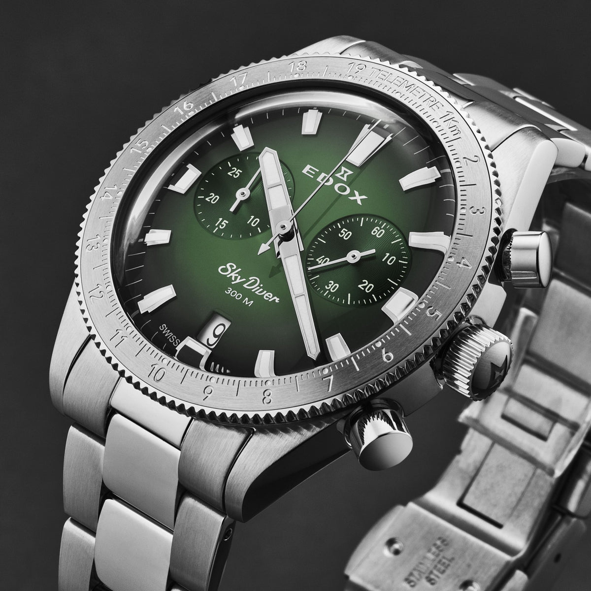 Edox Men's 'Skydiver' Green Dial SS Bracelet Quartz Watch 10116-3-VIDN
