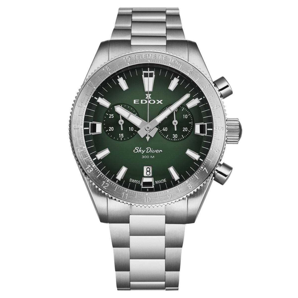 Edox Men's 'Skydiver' Green Dial SS Bracelet Quartz Watch 10116-3-VIDN
