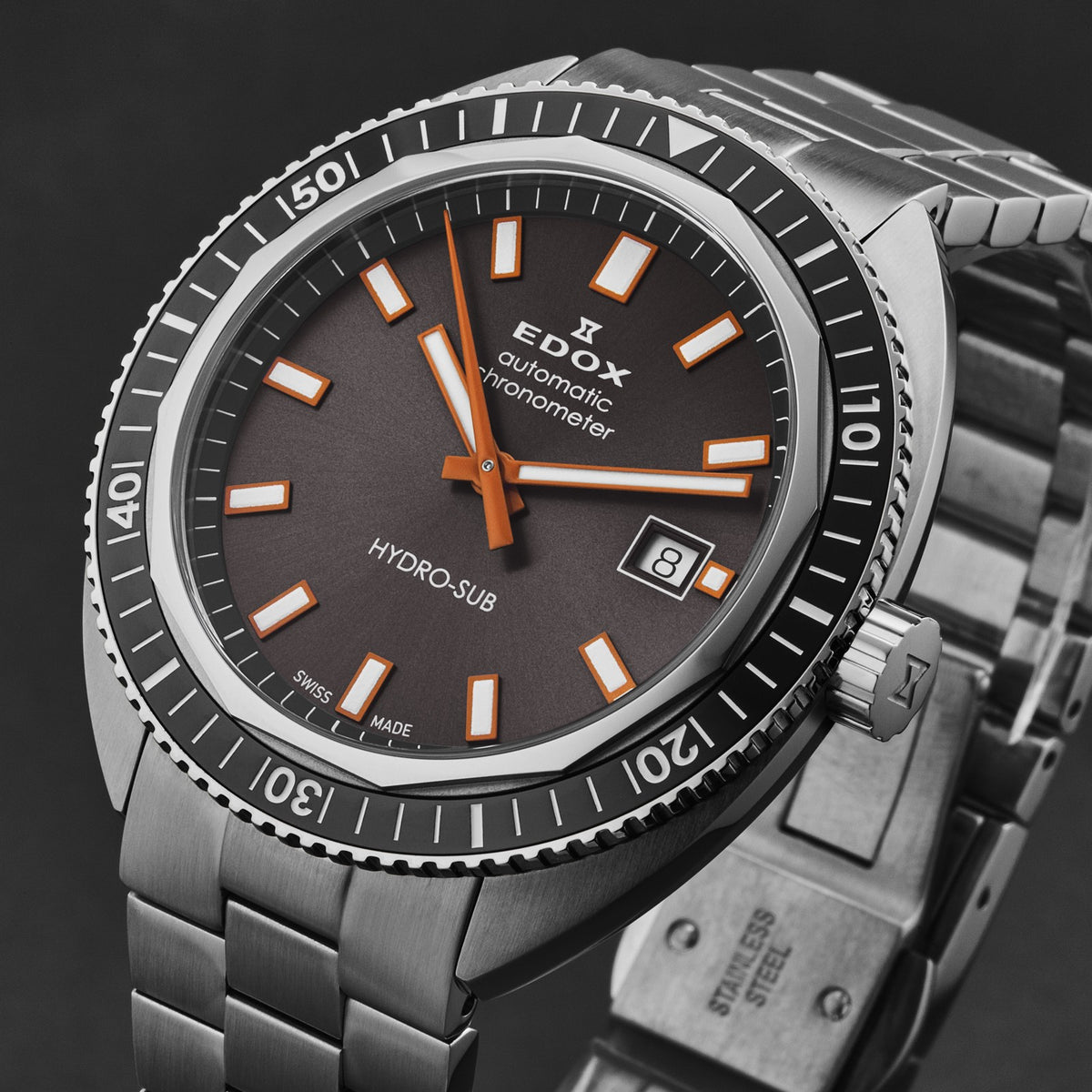 Edox Men's 'Hydrosub' Gray Dial SS Bracelet Automatic Watch 80128-3NM-GINO