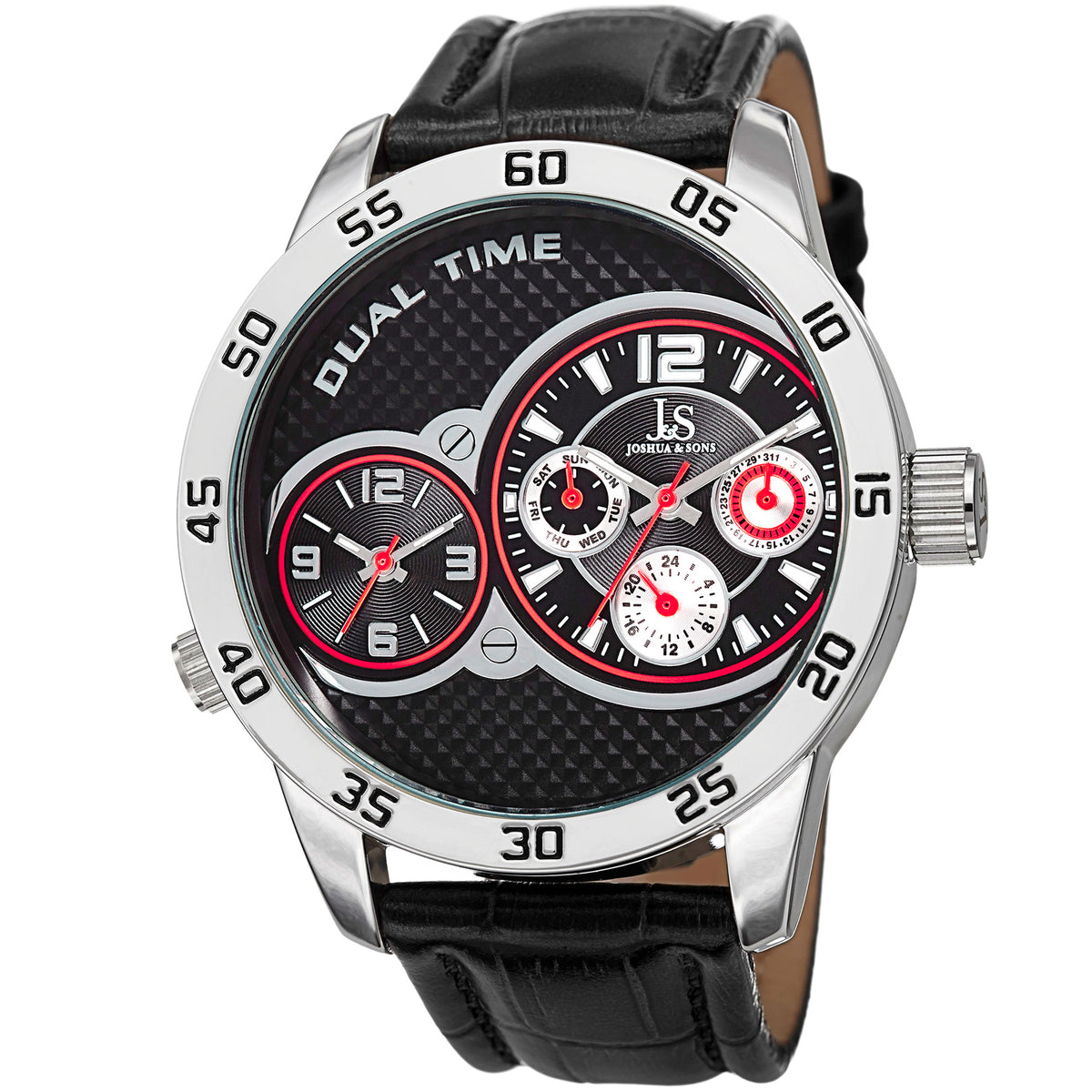 Joshua & Sons JS97SSB Dual-Time Multifunction Black Leather Strap Men's Watch