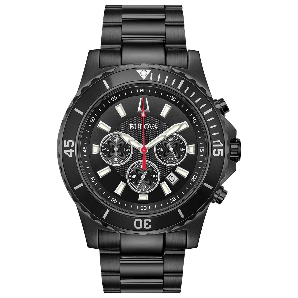 Bulova Men's Chronograph Quartz Calendar Black Stainless Steel Watch 44 mm 98B337