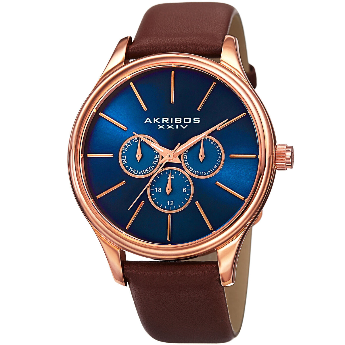 Akribos XXIV AK870RGBU Day/Date Blue Sunray Dial Brown Leather Strap Men's Watch