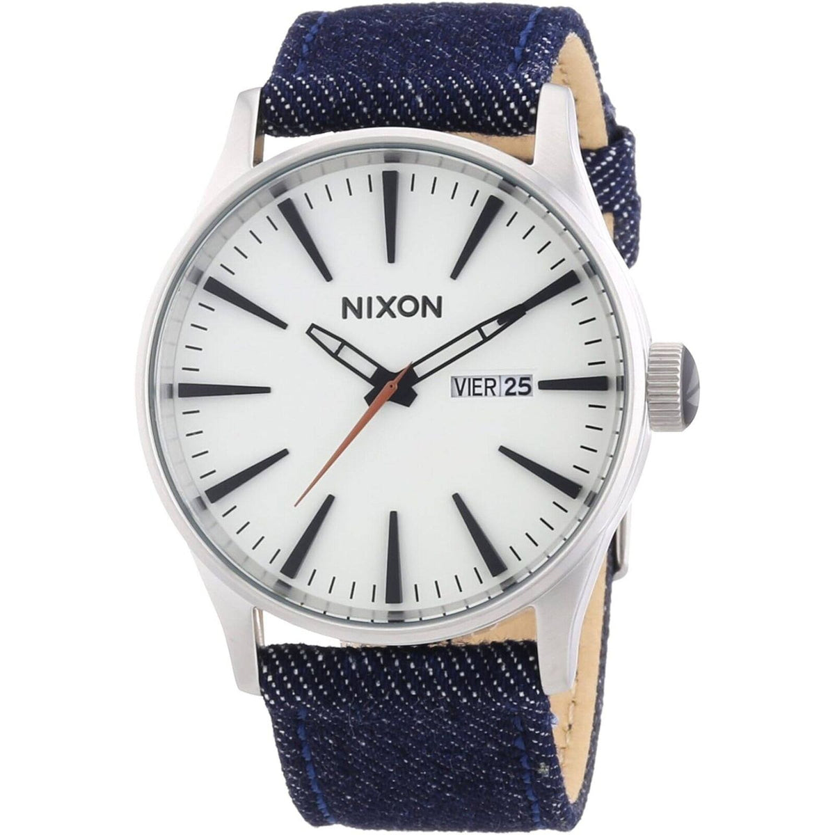 Nixon Men's Watch Sentry Day-Date White Dial Blue Leather Strap Quartz A1051540