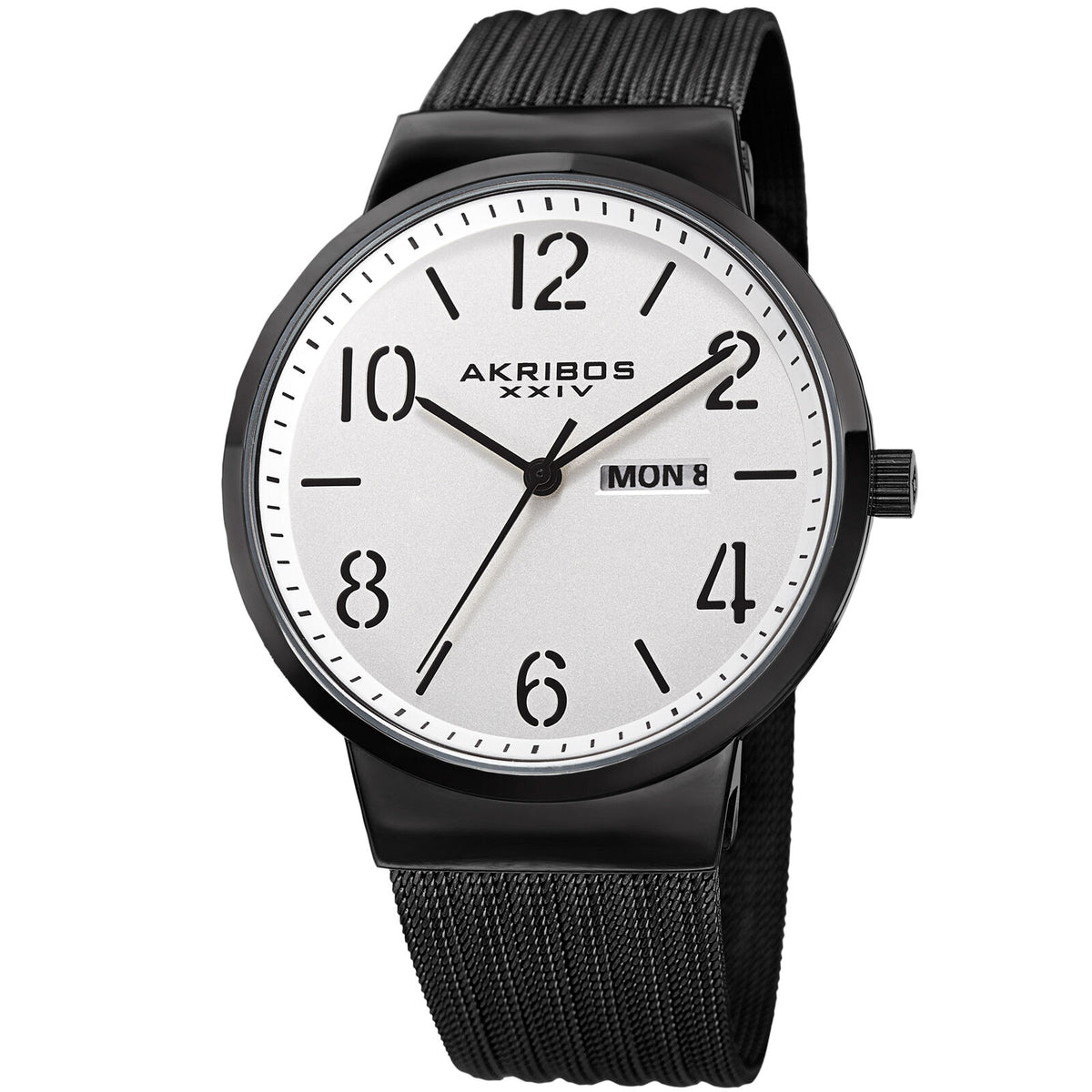 Akribos XXIV AK996BK Date White Black Stainless Steel Mesh Strap Men's Watch