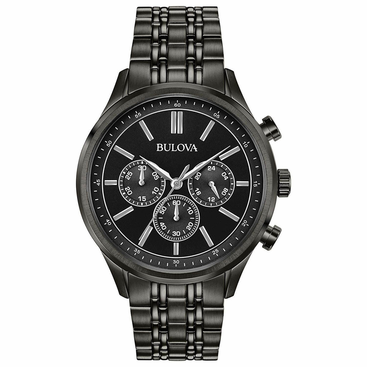 Bulova Men's Quartz Chronograph Silver Band Black Dial Watch 42mm 98A217