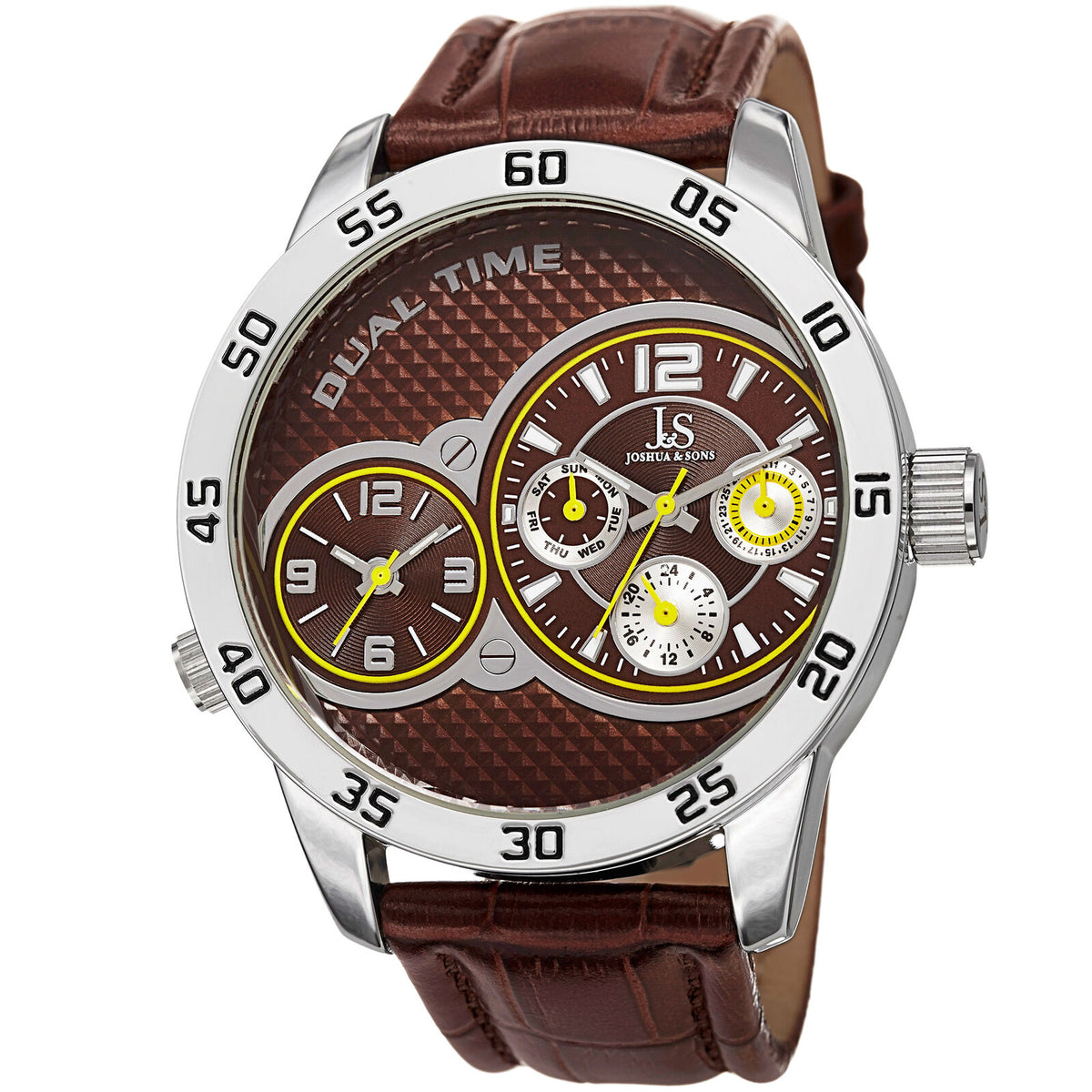 Joshua & Sons JS97BR Dual-Time Multifunction Brown Leather Strap Men's Watch