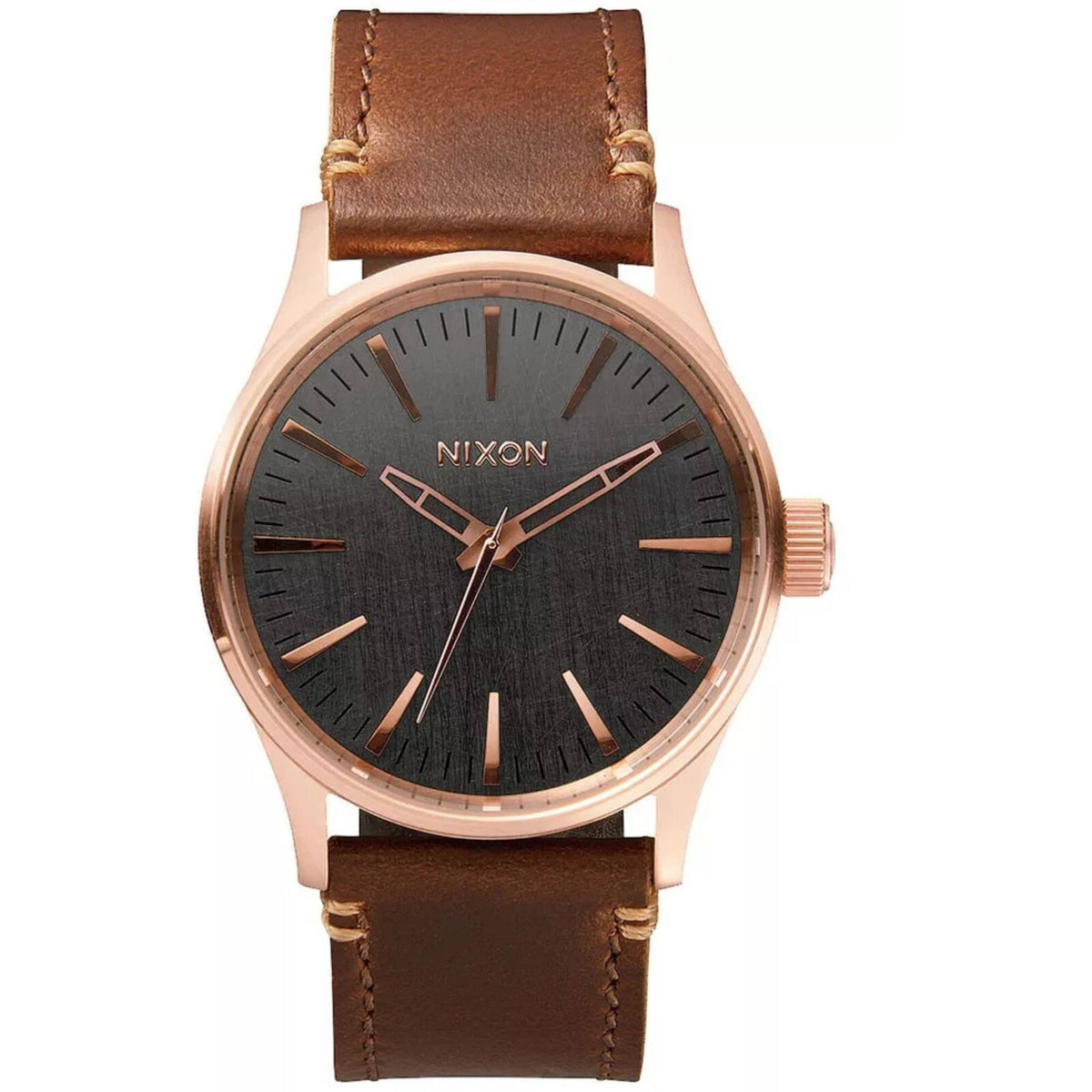 Nixon Men's Watch Sentry Rose Gold Case Grey Dial Brown Leather Strap A377-2001