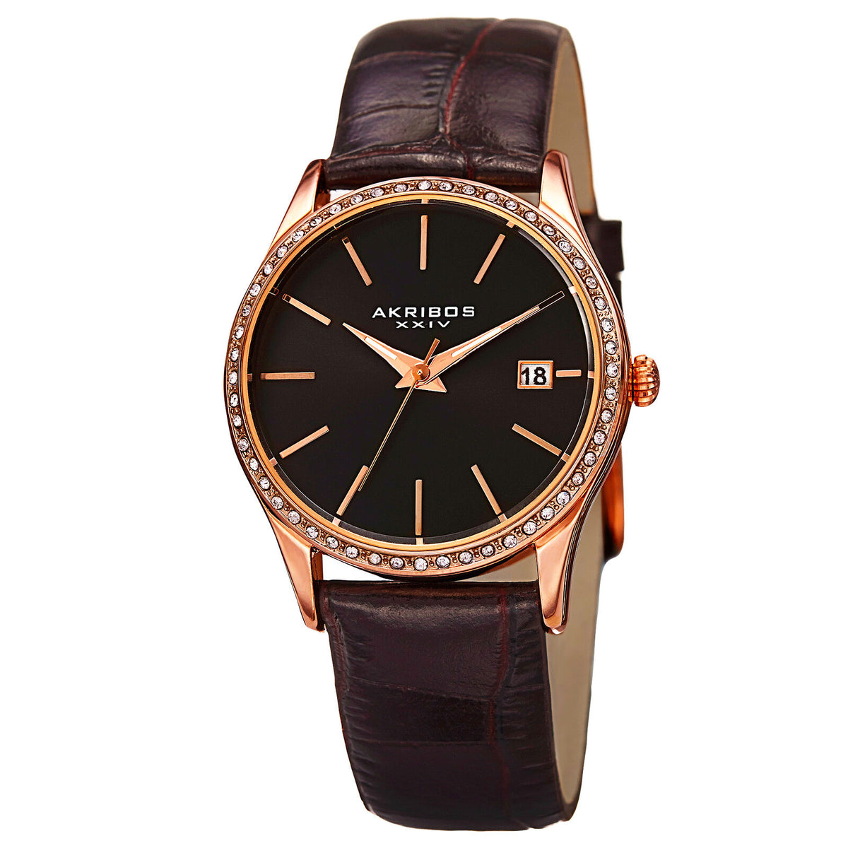 Akribos XXIV AK883 Date Crystal Bezel Leather Strap Women's Watch